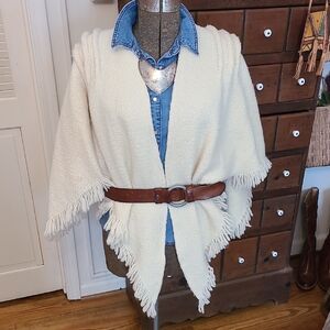 Cream Fringed Vintage Shawl Cape Sweater Free Size OS.